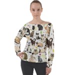 Cats, All, Collage, Cat Off Shoulder Long Sleeve Velour Top