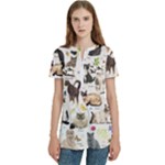 Cats, All, Collage, Cat Women s Zip Front V-Neck Short Sleeve Casual Top Pocket Shirt