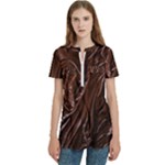 Chocolate Texture, Dark Chocolate Background Women s Zip Front V-Neck Short Sleeve Casual Top Pocket Shirt