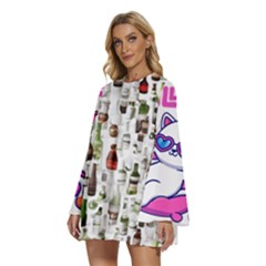 Round Neck Long Sleeve Bohemian Style Chiffon Mini Dress 