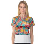 floral and leaves pattern V-Neck Sport Mesh T-Shirt