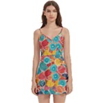 floral and leaves pattern Body Wrap Sleeveless V-Neck Mini Dress