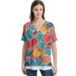 floral and leaves pattern V-Neck Split Shoulder Casual T-Shirt