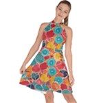 floral and leaves pattern Sleeveless Halter Neck A-Line Dress