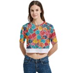 floral and leaves pattern Women s Round Neck Short Sleeve Crop Top