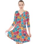 floral and leaves pattern Quarter Sleeve Front Wrap Dress