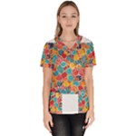 floral and leaves pattern Women s V-Neck Scrub Top