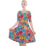 floral and leaves pattern Quarter Sleeve A-Line Dress