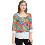 floral and leaves pattern Chiffon Quarter Sleeve Blouse