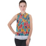 floral and leaves pattern Mock Neck Chiffon Sleeveless Top