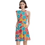 floral and leaves pattern Cocktail Party Halter Sleeveless Dress With Pockets