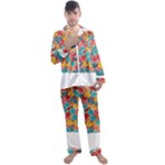 floral and leaves pattern Men s Long Sleeve Satin Pajamas Set