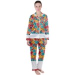 floral and leaves pattern Women s Long Sleeve Satin Pajamas Set	