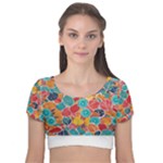 floral and leaves pattern Velvet Short Sleeve Crop Top 