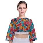 floral and leaves pattern Tie Back Butterfly Sleeve Chiffon Top