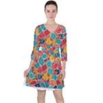 floral and leaves pattern Quarter Sleeve Ruffle Waist Dress