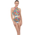 floral and leaves pattern Halter Side Cut Swimsuit