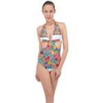 floral and leaves pattern Halter Front Plunge Swimsuit