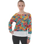 floral and leaves pattern Off Shoulder Long Sleeve Velour Top