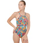 floral and leaves pattern High Neck One Piece Swimsuit