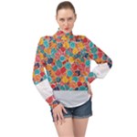 floral and leaves pattern High Neck Long Sleeve Chiffon Top