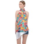 floral and leaves pattern Halter Asymmetric Satin Top