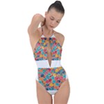 floral and leaves pattern Plunge Cut Halter Swimsuit