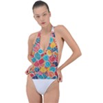 floral and leaves pattern Backless Halter One Piece Swimsuit