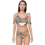 floral and leaves pattern Ruffle Edge Tie Up Bikini Set	