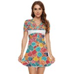 floral and leaves pattern V-Neck High Waist Chiffon Mini Dress