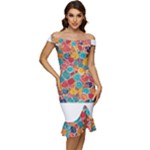 floral and leaves pattern Off Shoulder Ruffle Split Hem Bodycon Dress