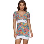 floral and leaves pattern Low Cut Cap Sleeve Mini Dress