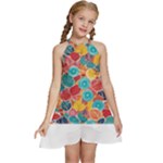 floral and leaves pattern Kids  Halter Collar Waist Tie Chiffon Dress