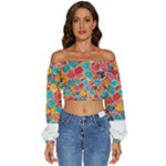 floral and leaves pattern Long Sleeve Crinkled Weave Crop Top