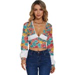 floral and leaves pattern Long Sleeve Deep-V Velour Top