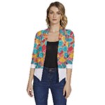 floral and leaves pattern Women s Draped Front 3/4 Sleeve Shawl Collar Jacket