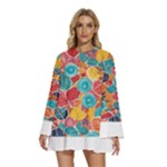 floral and leaves pattern Round Neck Long Sleeve Bohemian Style Chiffon Mini Dress