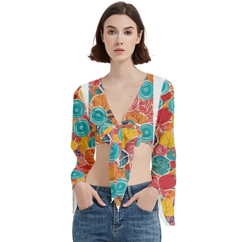 floral and leaves pattern Trumpet Sleeve Cropped Top from ArtsNow.com