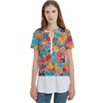 floral and leaves pattern Women s Zip Front V-Neck Short Sleeve Casual Top Pocket Shirt