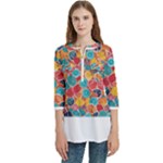 floral and leaves pattern Women s Zip Front V-Neck 3/4 Sleeve Casual Top Pocket Shirt