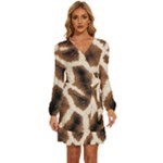 Giraffe Skin Texture Long Sleeve Waist Tie Ruffle Velvet Dress