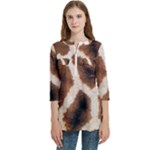 Giraffe Skin Texture Women s Zip Front V-Neck 3/4 Sleeve Casual Top Pocket Shirt