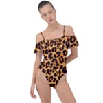 Giraffe Texture, Close-up, Giraffe Skin Texture Frill Detail One Piece Swimsuit