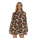 Giraffe Texture, Macro Round Neck Long Sleeve Bohemian Style Chiffon Mini Dress