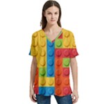 Lego Bricks, Colorful Dots Background V-Neck Split Shoulder Casual T-Shirt