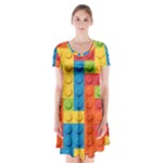 Lego Bricks, Colorful Dots Background Short Sleeve V-neck Flare Dress