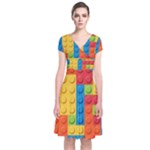 Lego Bricks, Colorful Dots Background Short Sleeve Front Wrap Dress