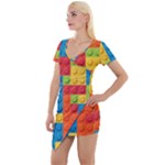 Lego Bricks, Colorful Dots Background Short Sleeve Asymmetric Mini Dress