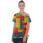 Lego Bricks, Colorful Dots Background Off Shoulder Tie-Up T-Shirt