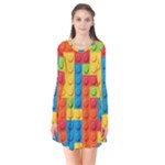 Lego Bricks, Colorful Dots Background Long Sleeve V-neck Flare Dress